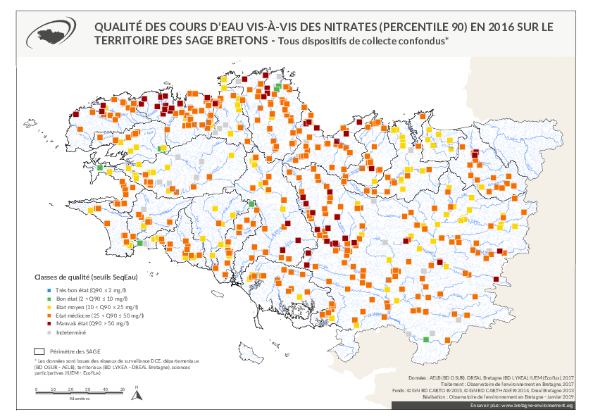 Qualité des cours d'eau bretons vis-à-vis des nitrates (Q90) en 2016