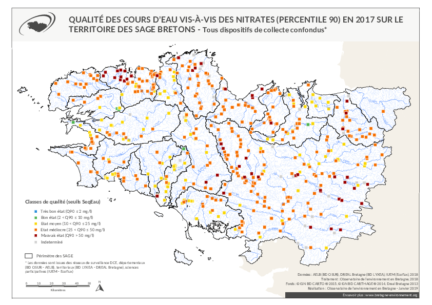 Qualité des cours d'eau bretons vis-à-vis des nitrates (Q90) en 2017