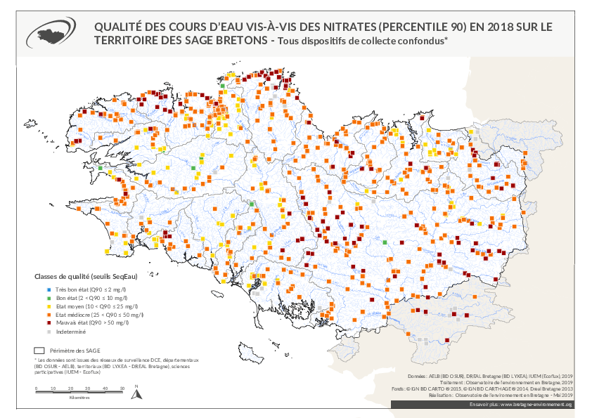 Qualité des cours d'eau bretons vis-à-vis des nitrates (Q90) en 2018