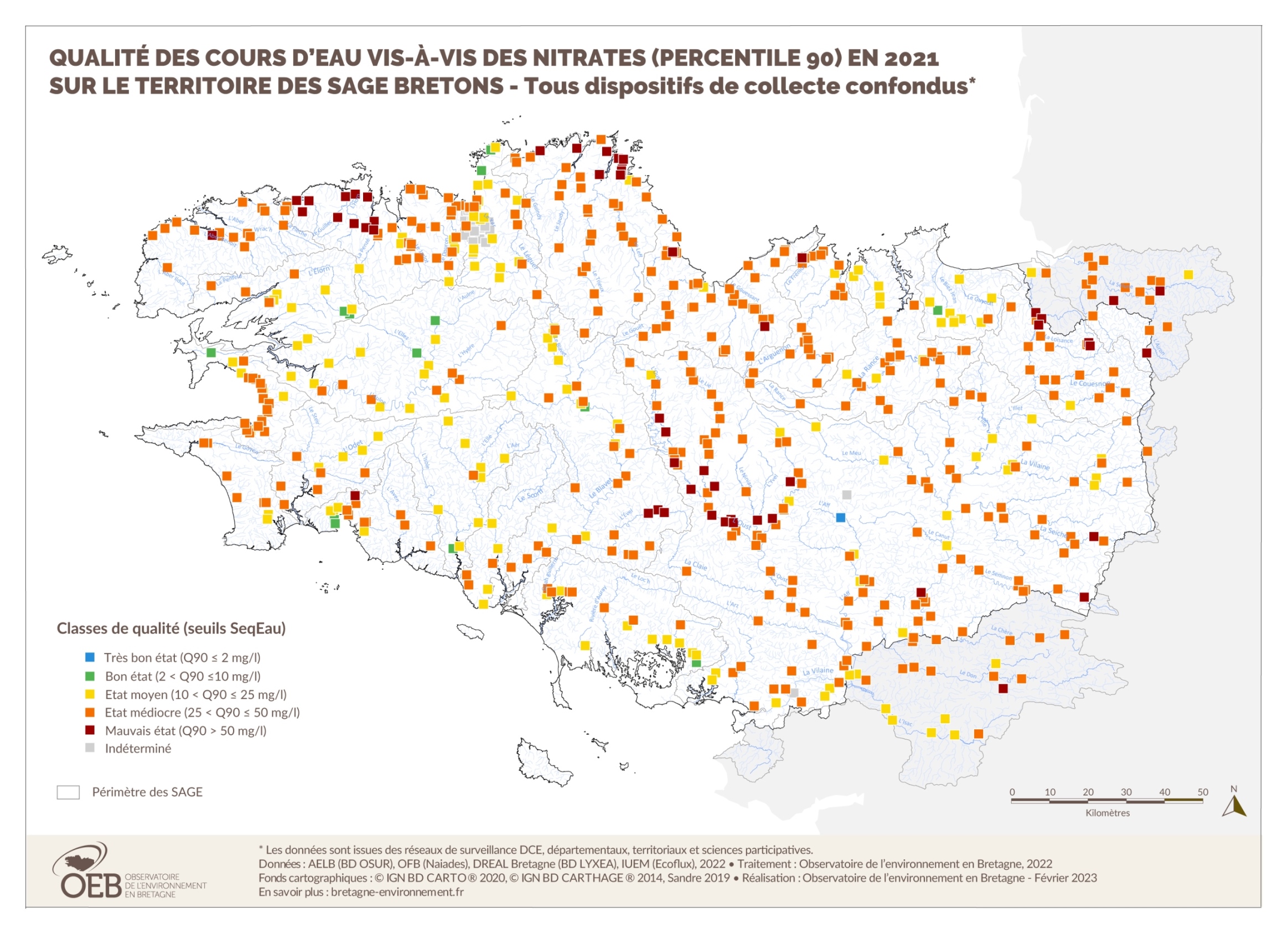 Qualité des cours d'eau bretons vis-à-vis des nitrates (Q90) en 2021