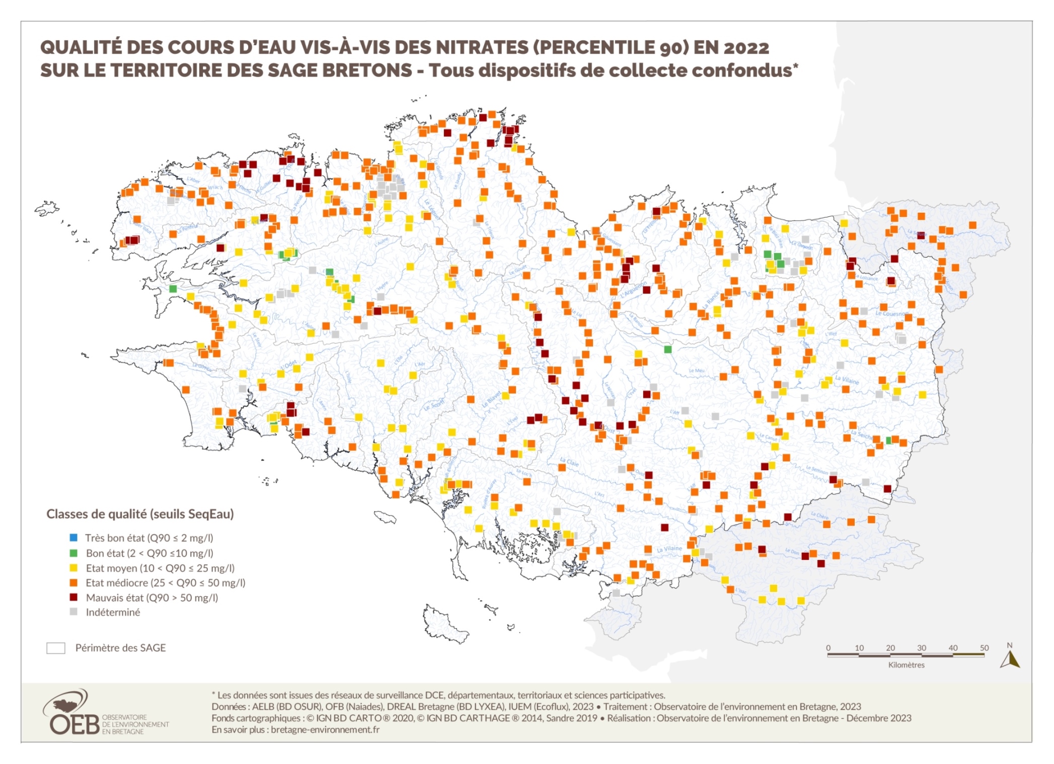 Qualité des cours d'eau bretons vis-à-vis des nitrates (Q90) en 2022
