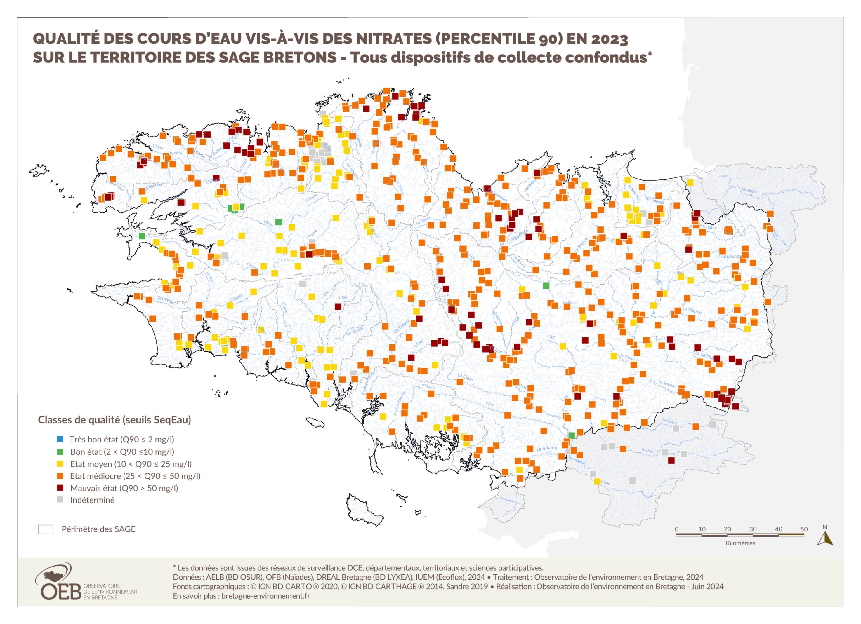 Qualité des cours d'eau bretons vis-à-vis des nitrates (Q90) en 2023