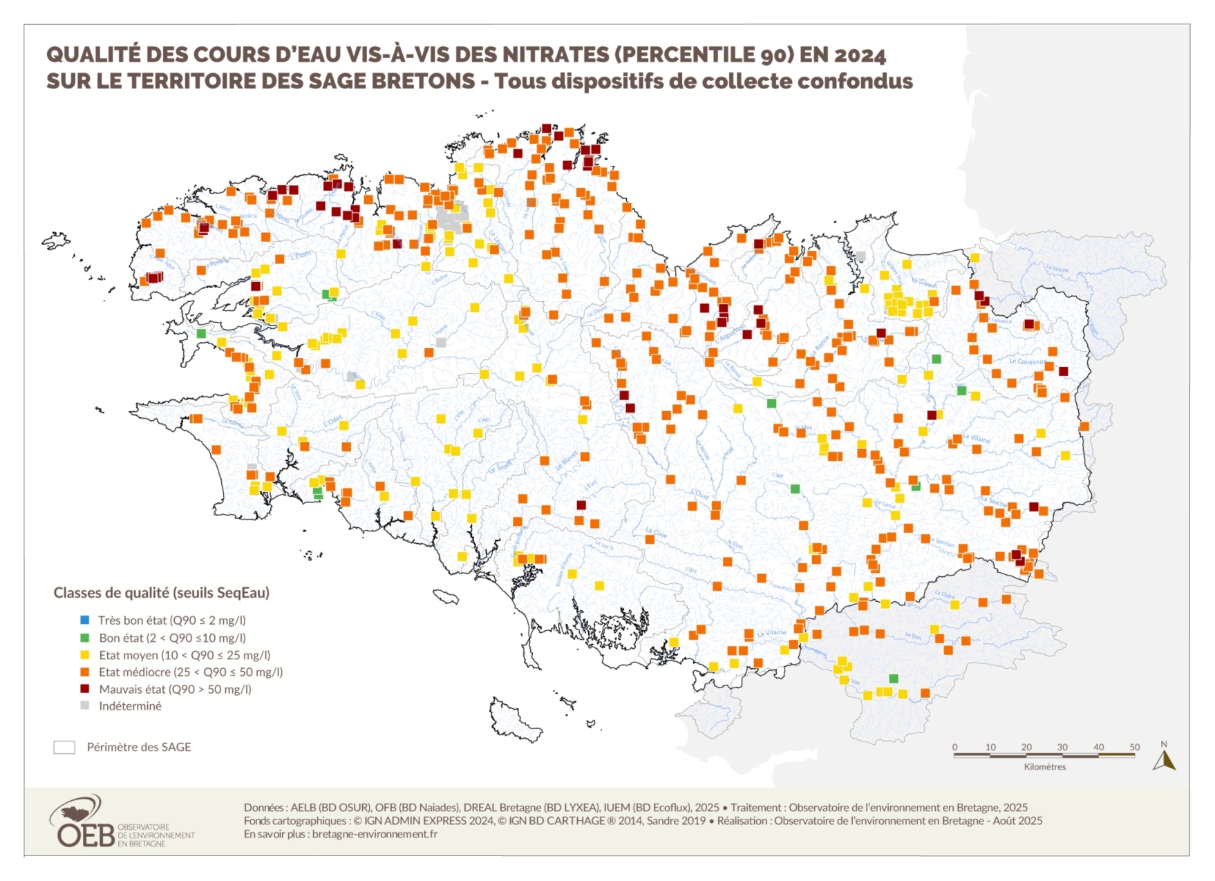 Qualité des cours d'eau bretons vis-à-vis des nitrates (Q90) en 2022