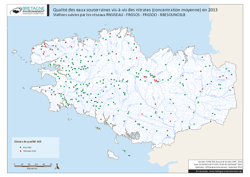 Qualité des eaux souterraines vis-à-vis des nitrates (concentration moyenne) en 2013