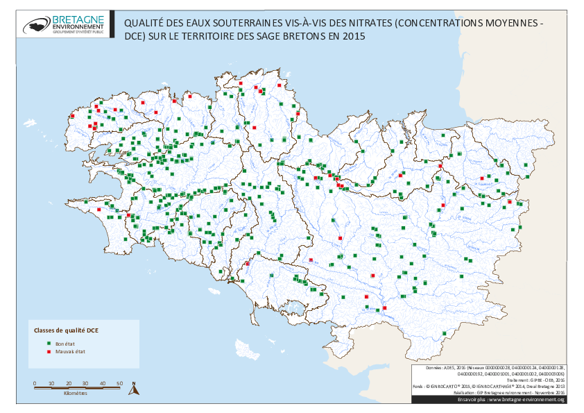 Qualité des eaux souterraines vis-à-vis des nitrates (concentration moyenne) en 2015