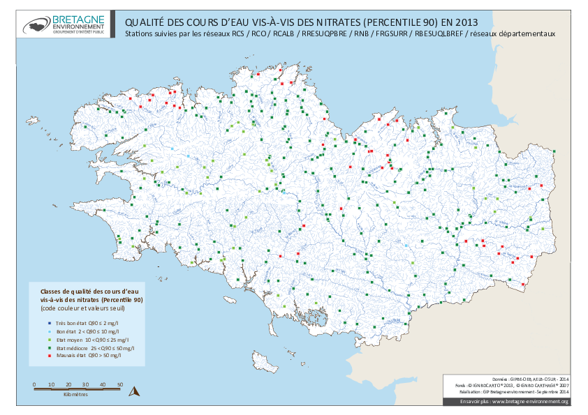 Qualité des cours d'eau bretons vis-à-vis des nitrates (Q90) en 2013