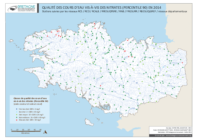 Qualité des cours d'eau bretons vis-à-vis des nitrates (Q90) en 2014
