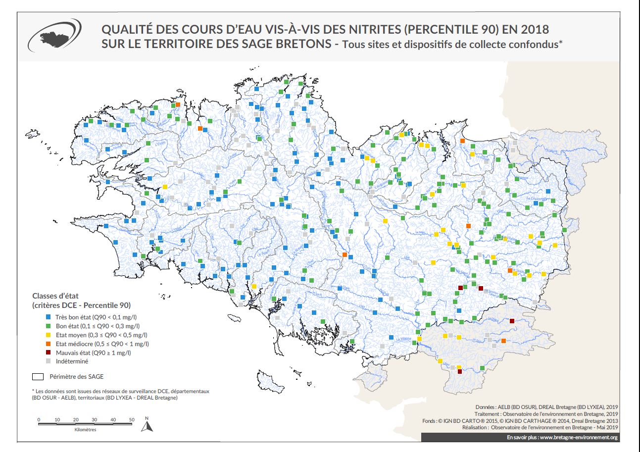 Qualité des cours d'eau bretons vis-à-vis des nitrites (Q90) en 2018