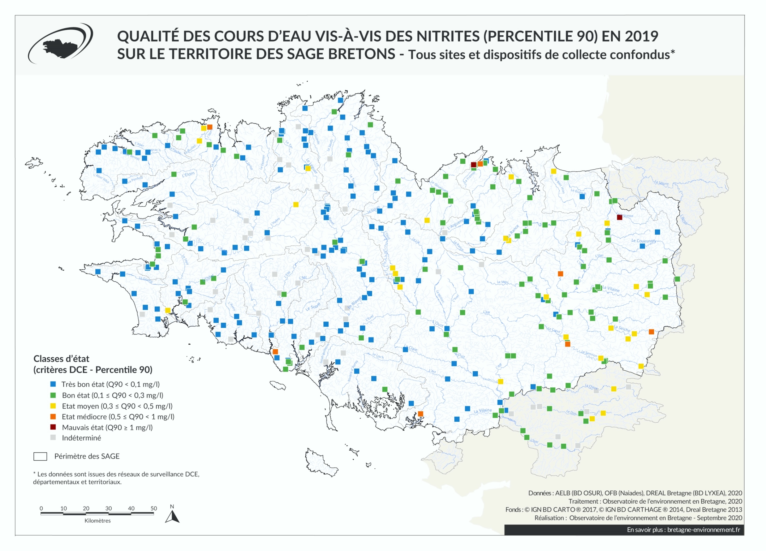 Qualité des cours d'eau bretons vis-à-vis des nitrites (Q90) en 2019