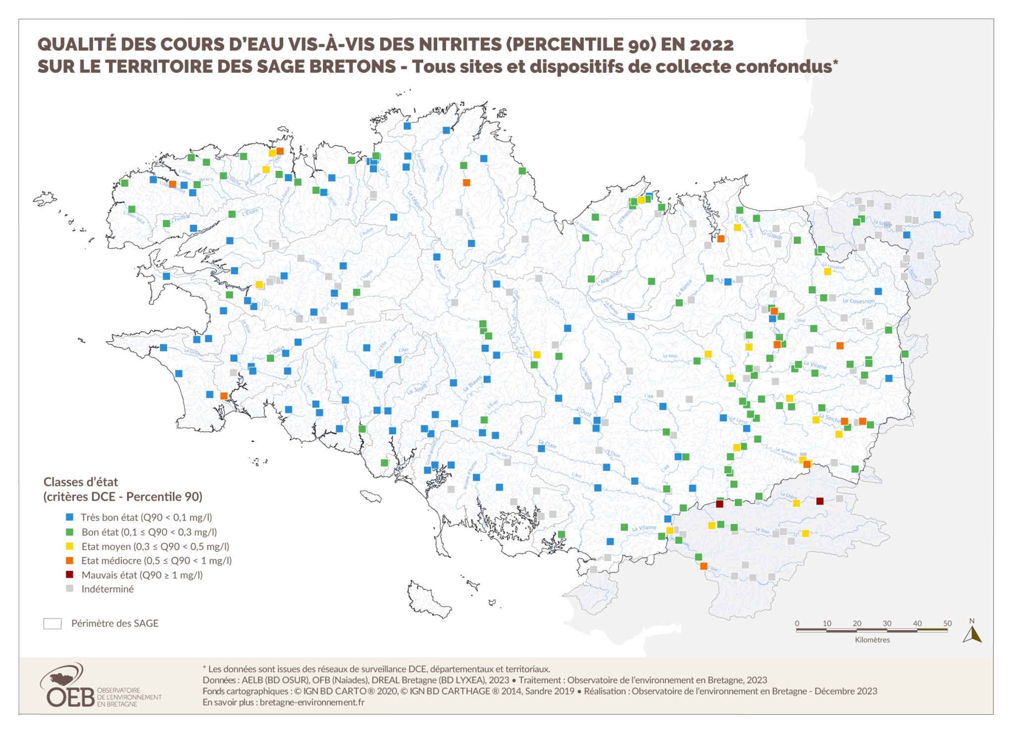 Qualité des cours d'eau bretons vis-à-vis des nitrites (Q90) en 2022