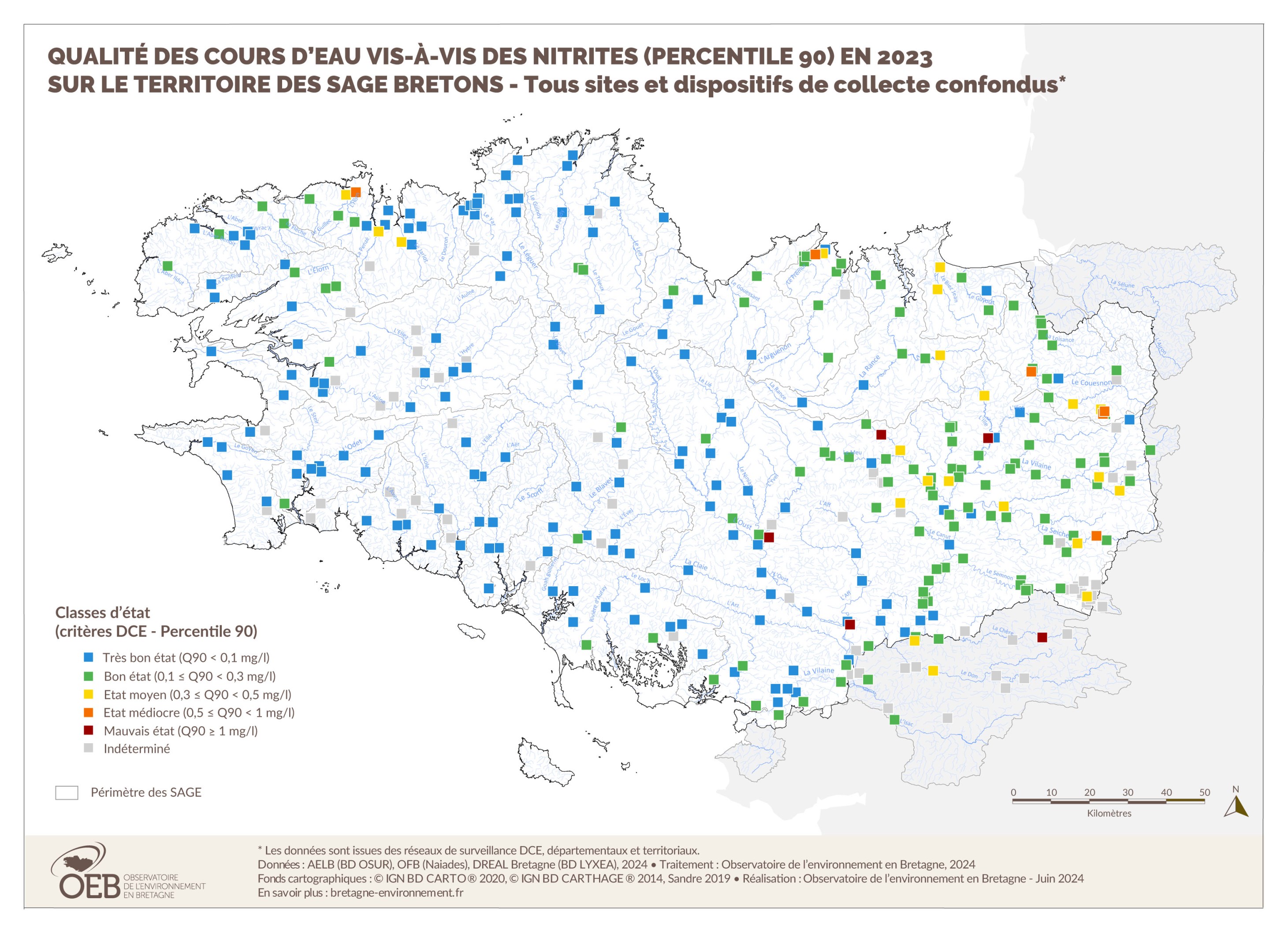 Qualité des cours d'eau bretons vis-à-vis des nitrites (Q90) en 2023