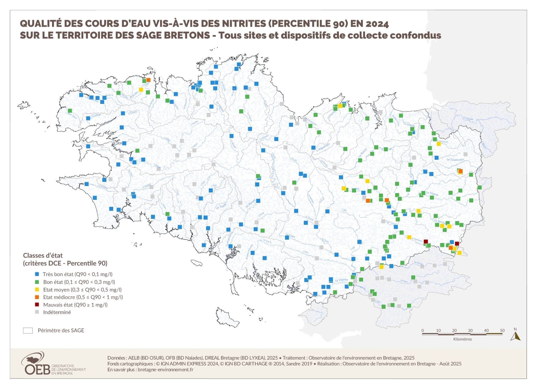 Qualité des cours d'eau bretons vis-à-vis des nitrites (Q90) en 2023