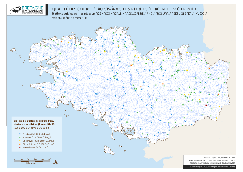 Qualité des cours d'eau bretons vis-à-vis des nitrites (Q90) en 2013