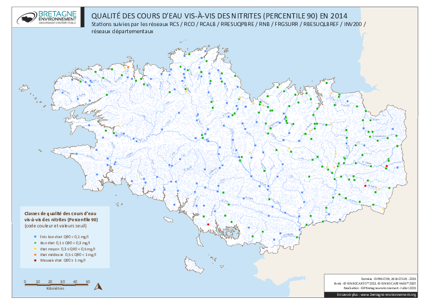 Qualité des cours d'eau bretons vis-à-vis des nitrites (Q90) en 2014