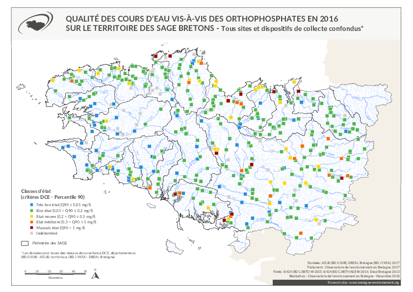 Qualité des cours d'eau bretons vis-à-vis des orthophosphates en 2016