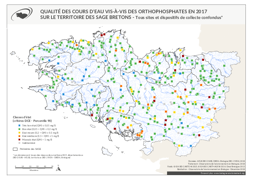 Qualité des cours d'eau bretons vis-à-vis des orthophosphates en 2017