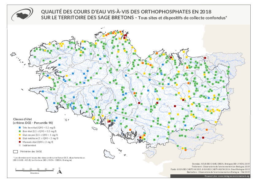 Qualité des cours d'eau bretons vis-à-vis des orthophosphates en 2018