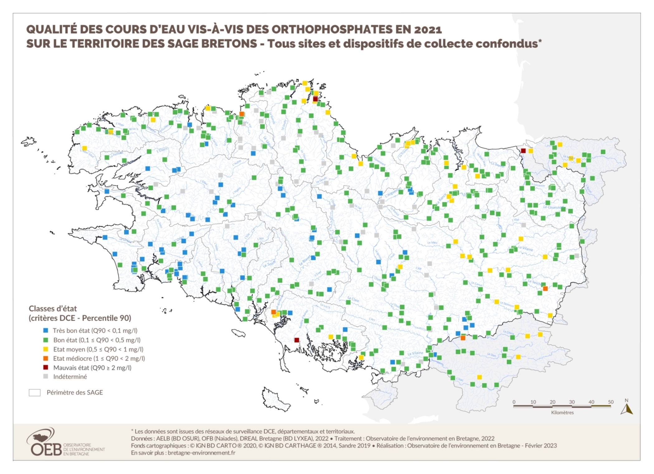  Qualité des cours d'eau bretons vis-à-vis des orthophosphates en 2021