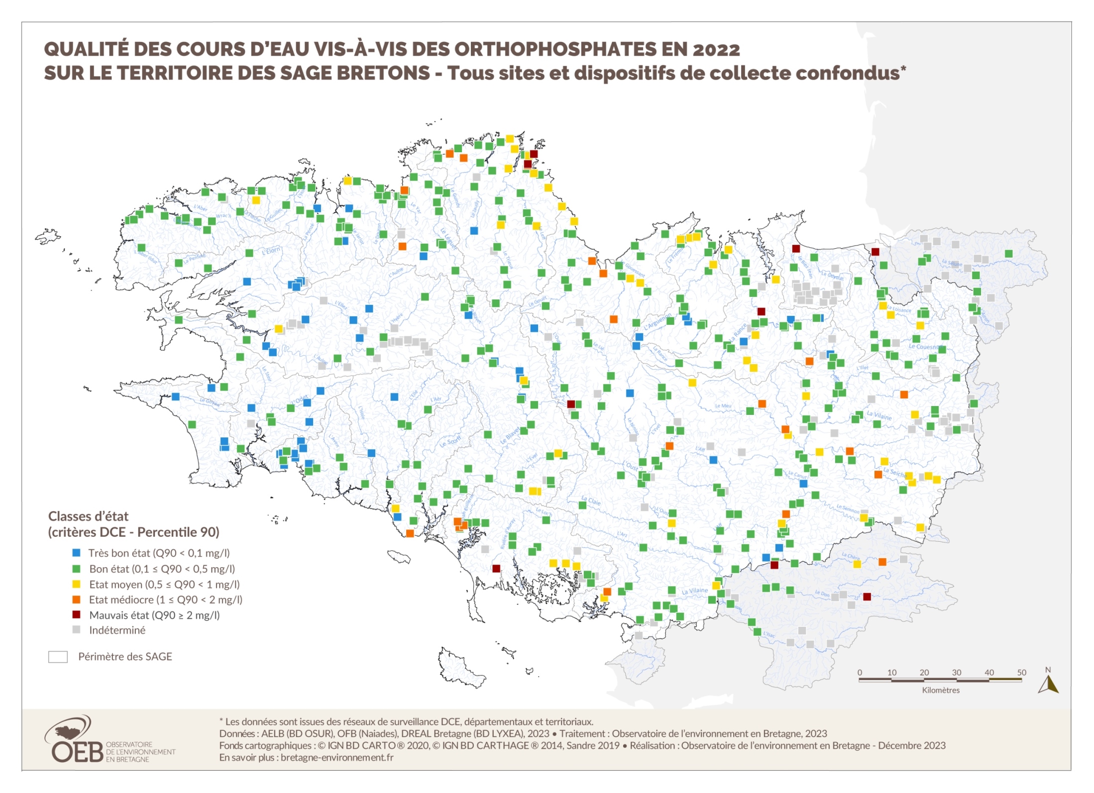 Qualité des cours d'eau bretons vis-à-vis des orthophosphates en 2016