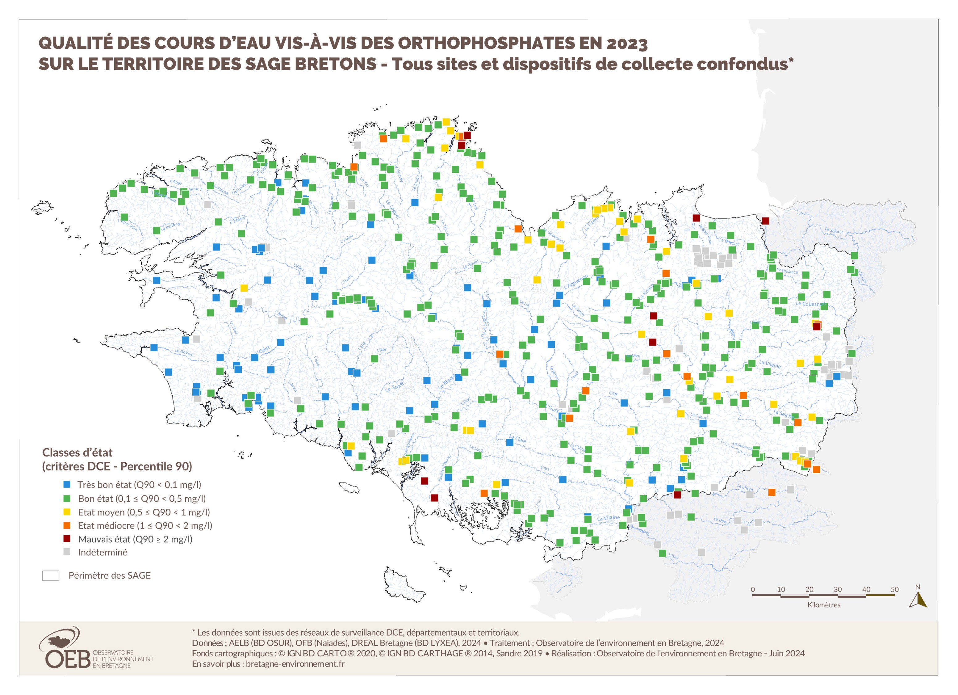 Qualité des cours d'eau bretons vis-à-vis des orthophosphates en 2023