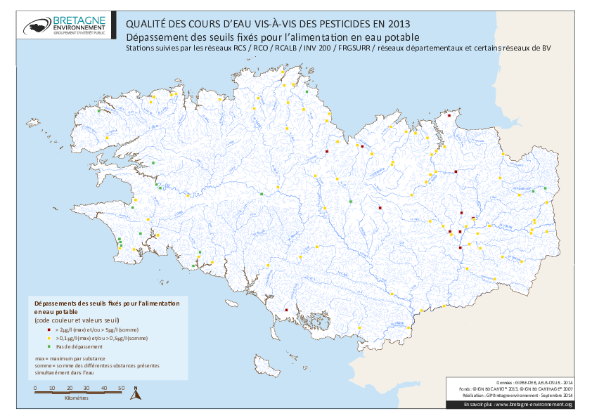 Qualité des cours d'eau vis-à-vis des pesticides (seuils AEP) en 2013
