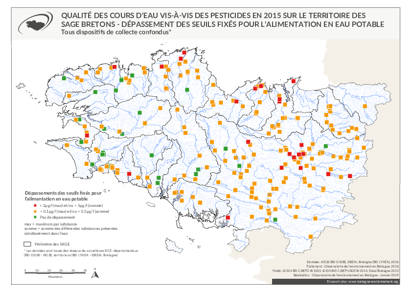 Qualité des cours d'eau bretons vis-à-vis des pesticides en 2015 - Dépassement des seuils fixés pour l'alimentation en eau potable (AEP)