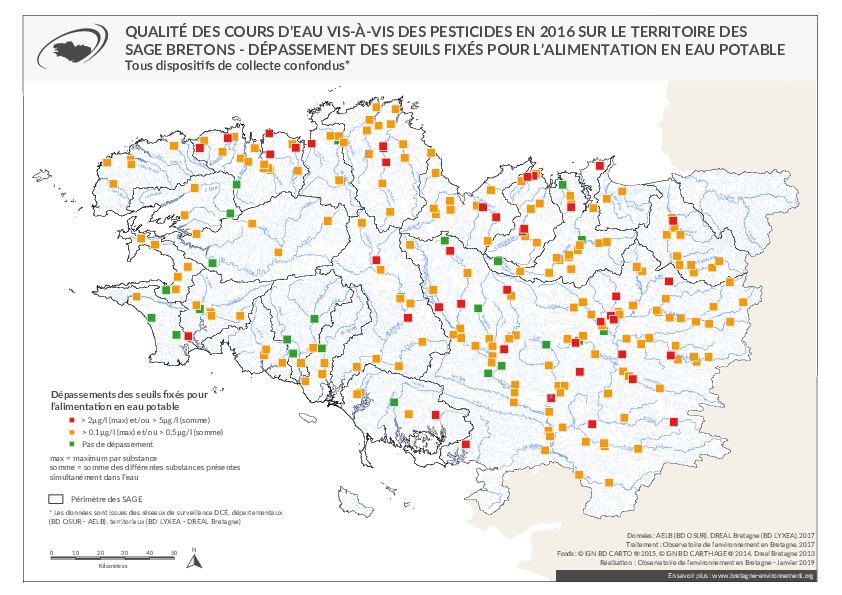 Qualité des cours d'eau bretons vis-à-vis des pesticides en 2016 - Dépassement des seuils fixés pour l'alimentation en eau potable (AEP)