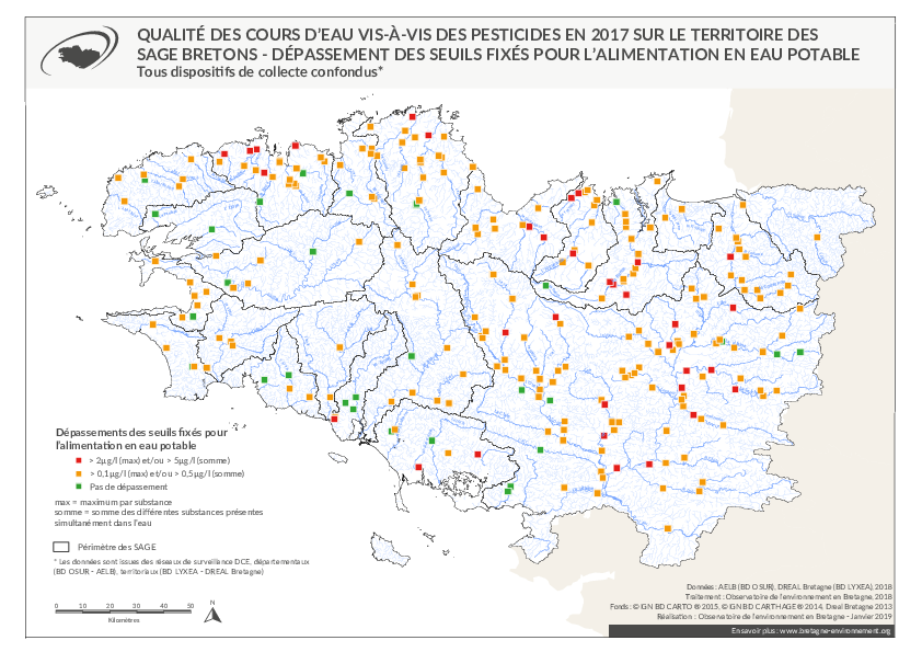 Qualité des cours d'eau bretons vis-à-vis des pesticides en 2017 - Dépassement des seuils fixés pour l'alimentation en eau potable (AEP)