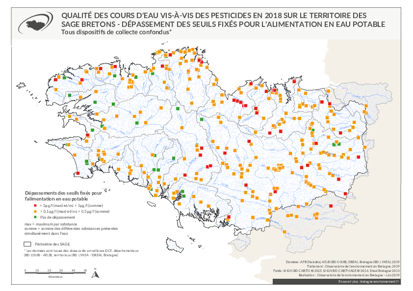 Qualité des cours d'eau bretons vis-à-vis des pesticides en 2018 - Dépassement des seuils fixés pour l'alimentation en eau potable (AEP)