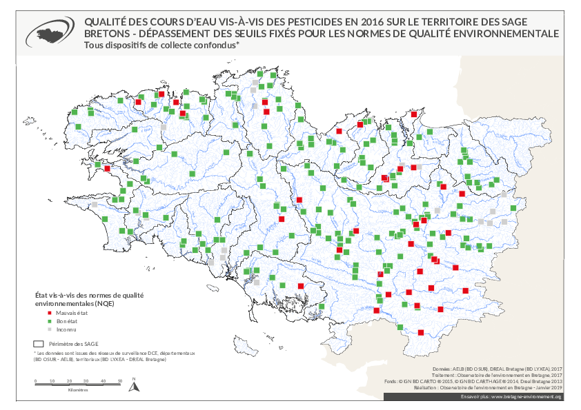 Qualité des cours d'eau bretons vis-à-vis des pesticides en 2016 - Dépassement des seuils fixés pour les normes de qualité environnementale (NQE)