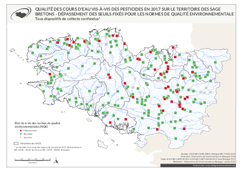 Qualité des cours d'eau bretons vis-à-vis des pesticides en 2017 - Dépassement des seuils fixés pour les normes de qualité environnementale (NQE)