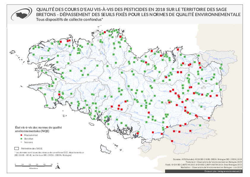 Qualité des cours d'eau bretons vis-à-vis des pesticides en 2018 - Dépassement des seuils fixés pour les normes de qualité environnementale (NQE)
