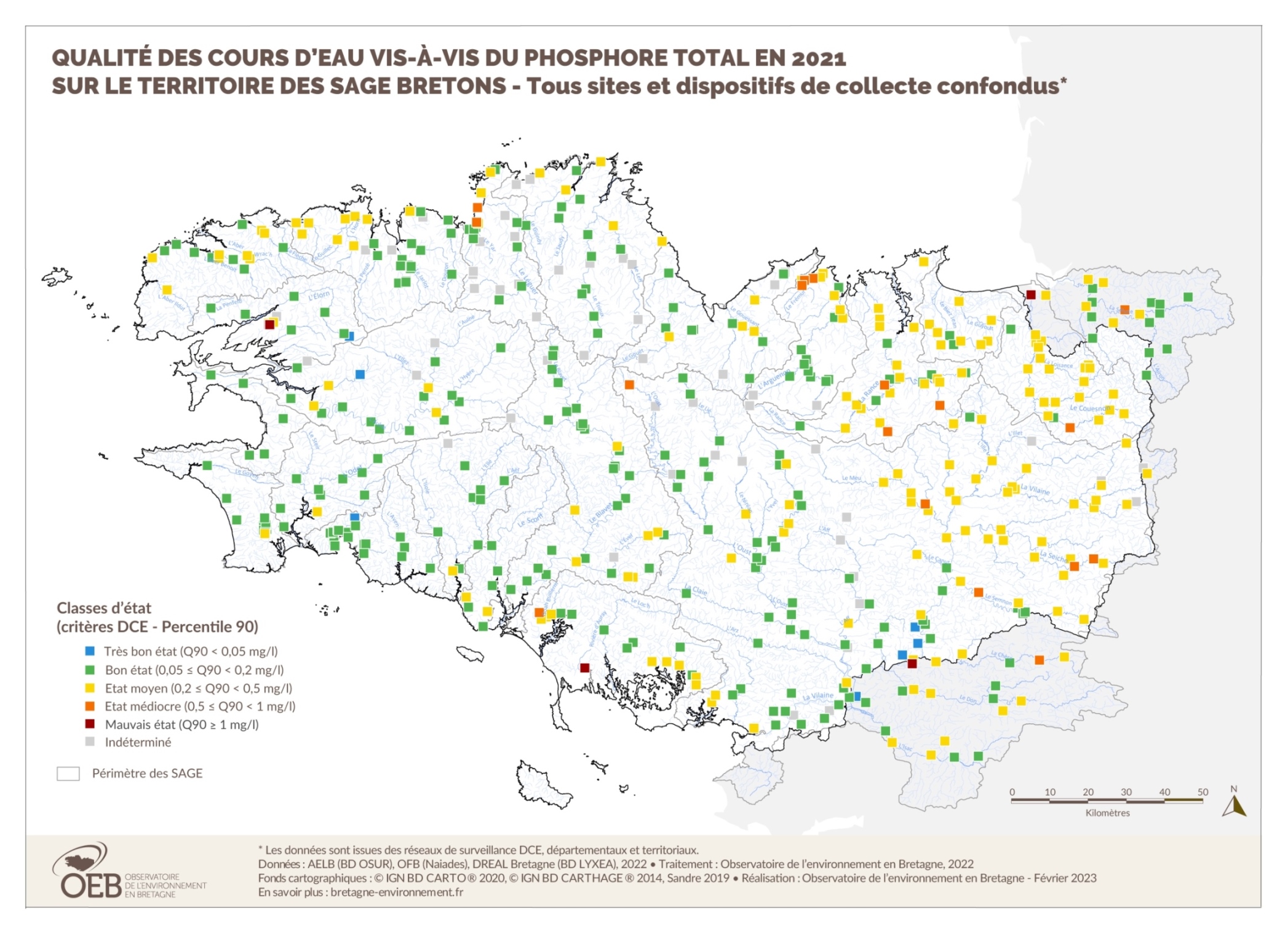Qualité des cours d'eau bretons vis-à-vis du phosphore total en 2021