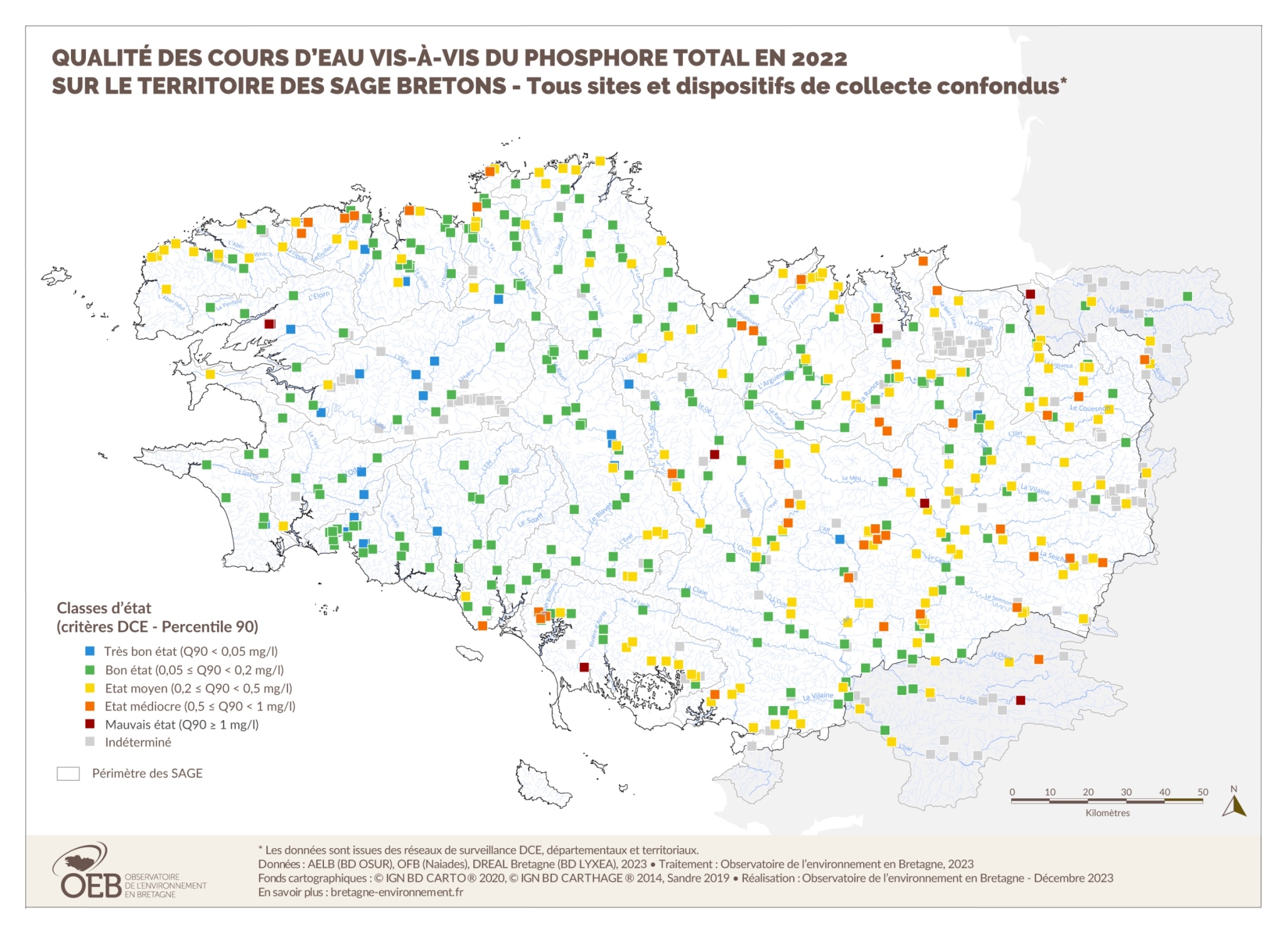 Qualité des cours d'eau bretons vis-à-vis du phosphore total en 2022
