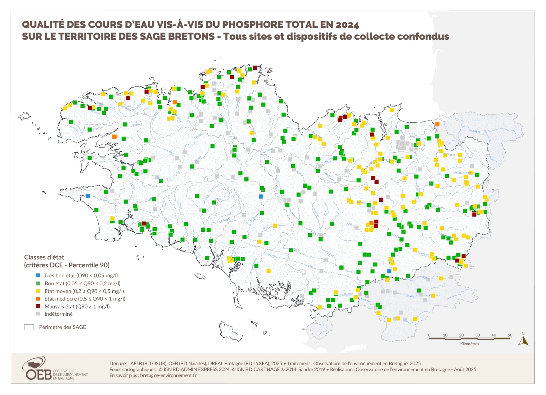 Qualité des cours d'eau bretons vis-à-vis du phosphore total en 2023