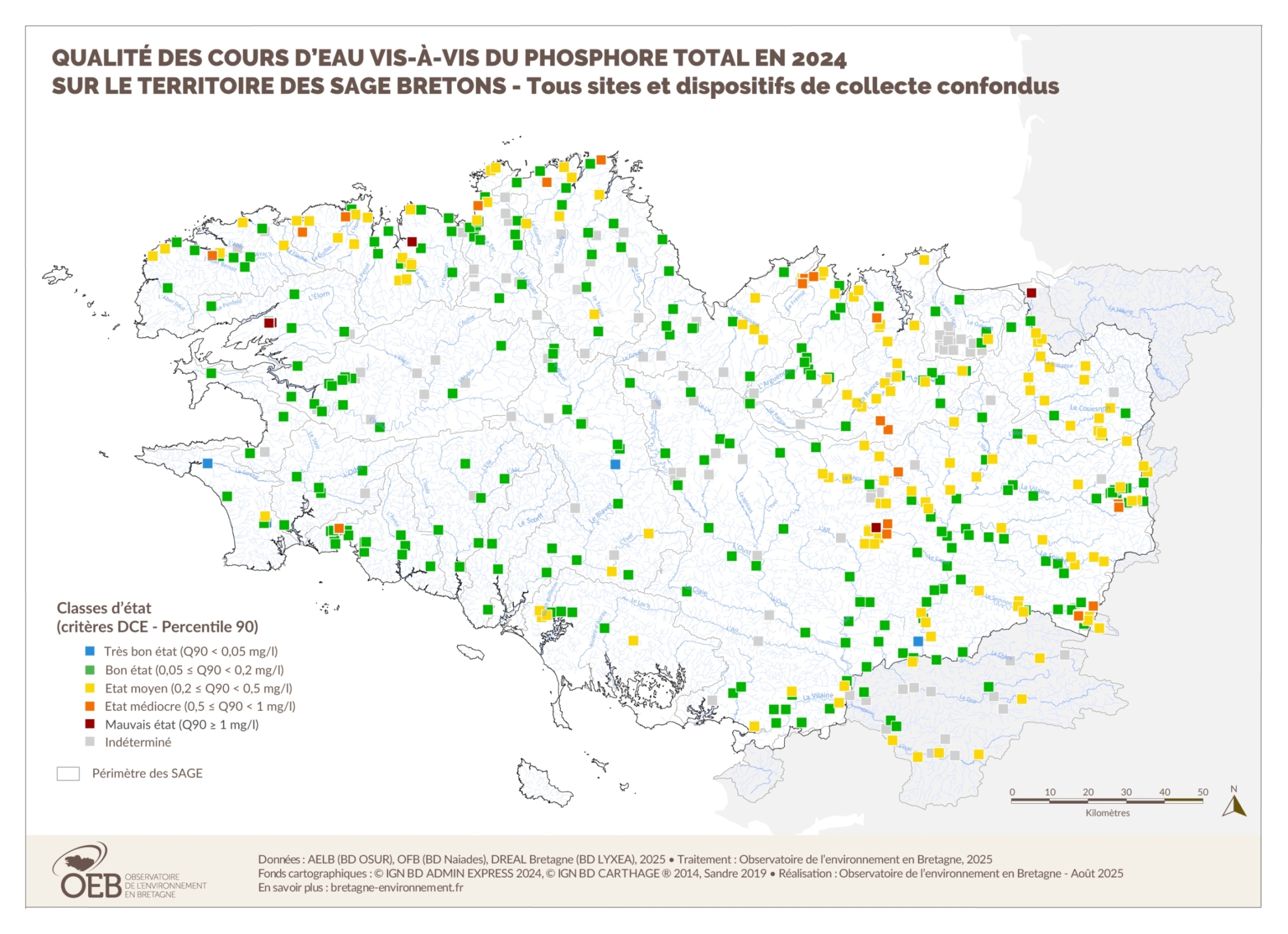 Qualité des cours d'eau bretons vis-à-vis du phosphore total en 2023