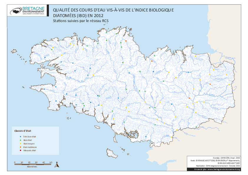 Qualité des cours d'eau bretons vis-à-vis de l'indice biologique diatomées (IBD) en 2012