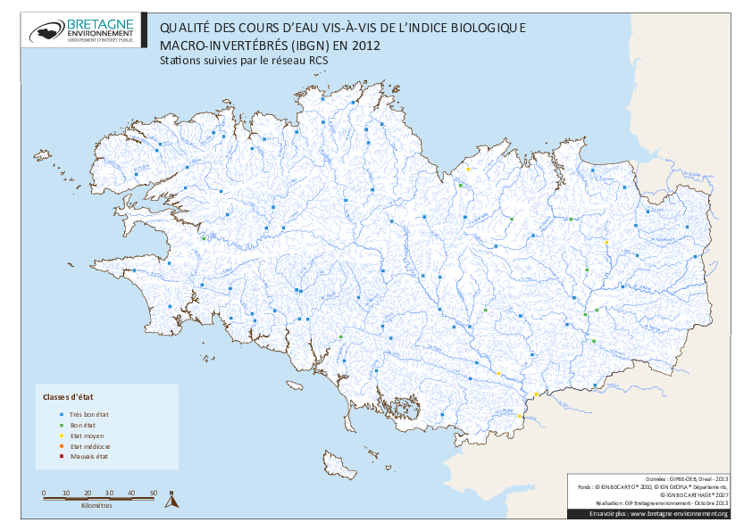 Qualité des cours d'eau bretons vis-à-vis de l'indice macro-invertébrés (IBGN) en 2012