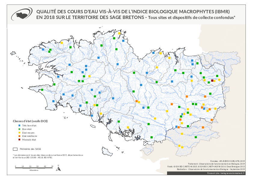 Qualité des cours d'eau bretons vis-à-vis de l'indice biologique macrophytes (IBMR) en 2018