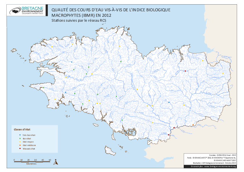 Qualité des cours d'eau bretons vis-à-vis de l'indice biologique macrophytes (IBMR) en 2012