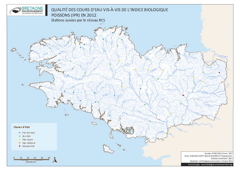 Qualité des cours d'eau bretons vis-à-vis de l'indice poissons (IPR) en 2012