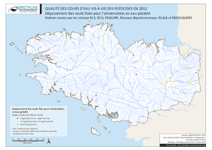Qualité des cours d'eau vis-à-vis des pesticides (seuils AEP) en 2012