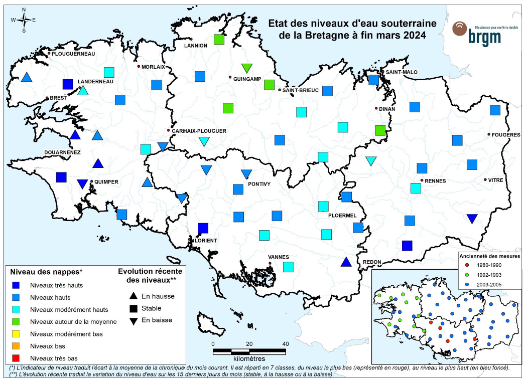 Etat des nappes d'eau souterraine de la Bretagne à fin mars 2024