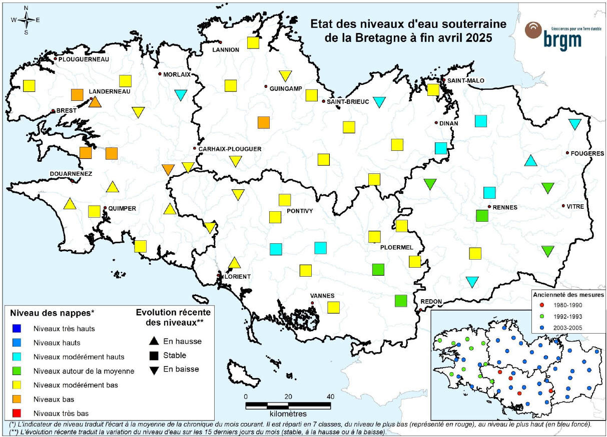 Etat des nappes d'eau souterraine de la Bretagne à fin avril 2025