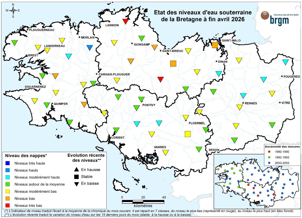 Etat des nappes d'eau souterraine de la Bretagne à fin avril 2026