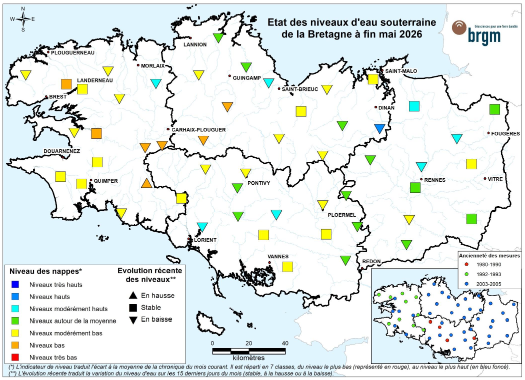 Etat des nappes d'eau souterraine de la Bretagne à fin mai 2026