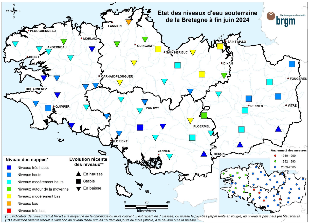 Etat des nappes d'eau souterraine de la Bretagne à fin mai 2024