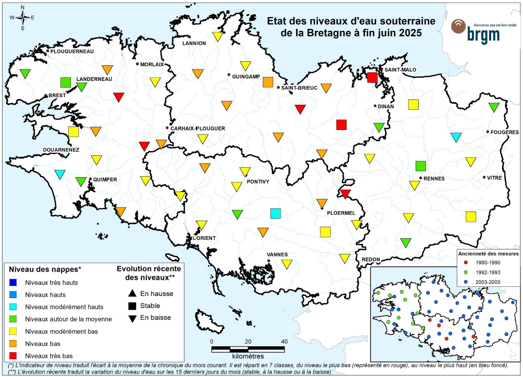 Etat des nappes d'eau souterraine de la Bretagne à fin juin 2025