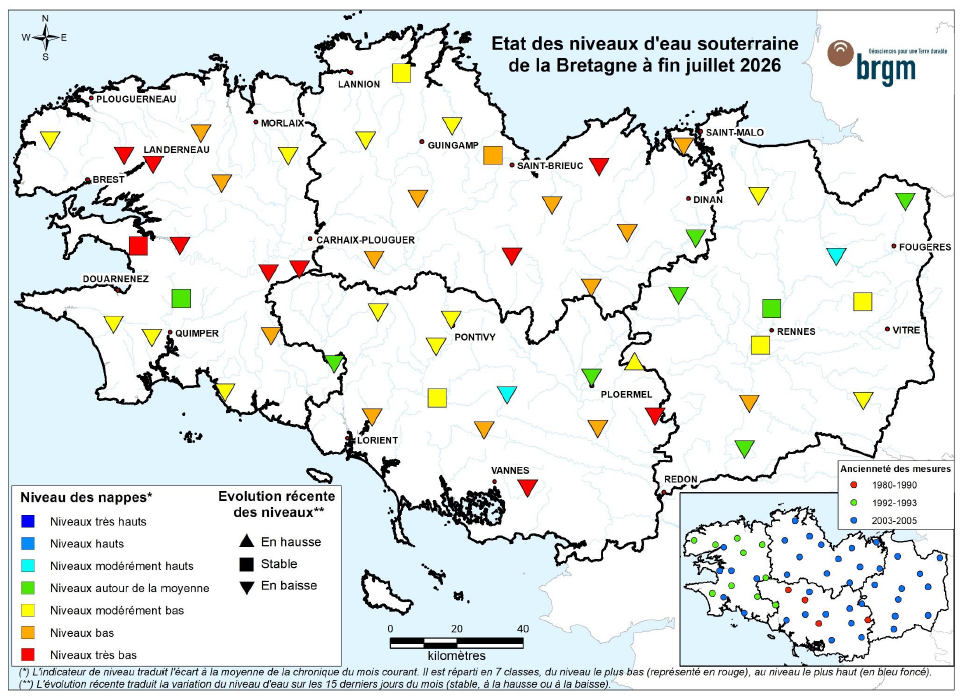 Etat des nappes d'eau souterraine de la Bretagne à fin juillet 2026