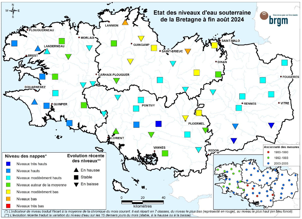 Etat des nappes d'eau souterraine de la Bretagne à fin mai 2024